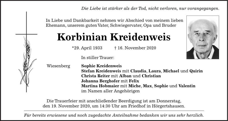 Traueranzeige Korbinian Kreidenweis