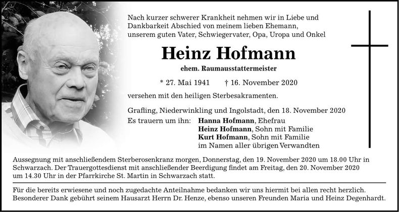 Traueranzeige Heinz Hofmann