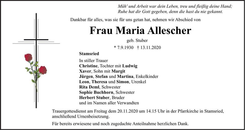 Traueranzeige Maria Allescher