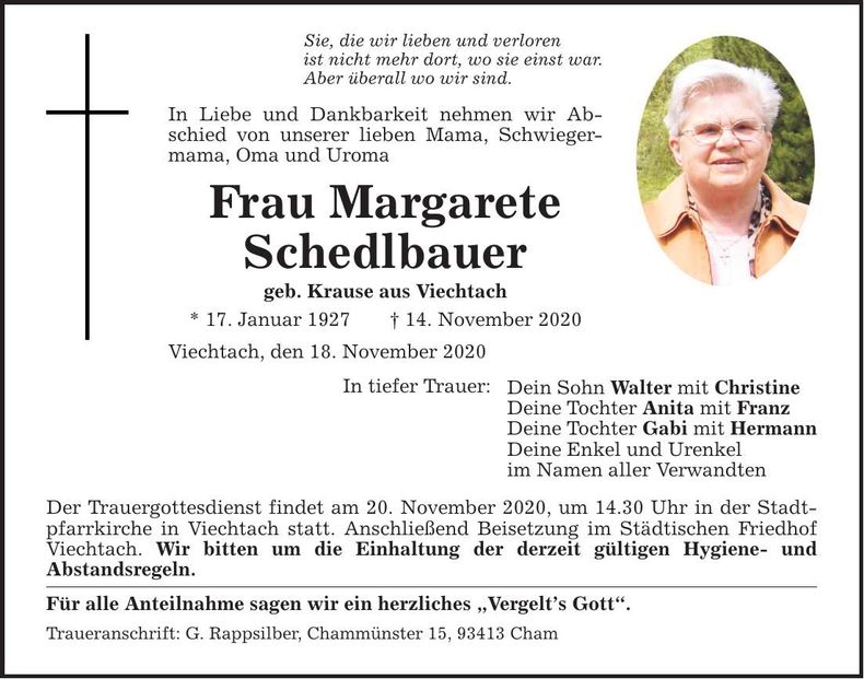 Traueranzeige Schedlbauer Margerete