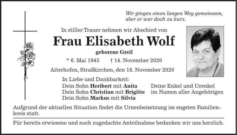 Traueranzeige Elisabeth Wolf