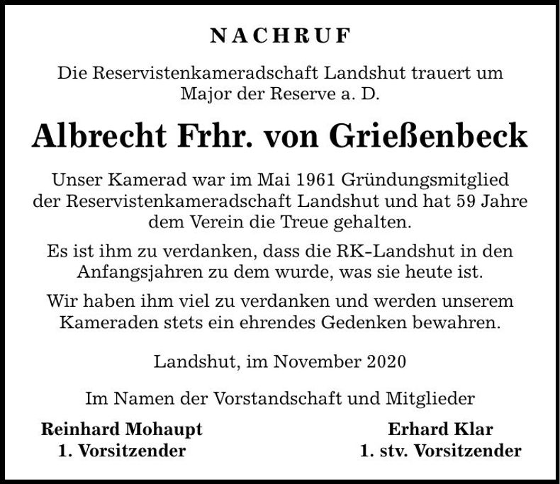 Traueranzeige Albrecht Freiherr von Grießenbeck