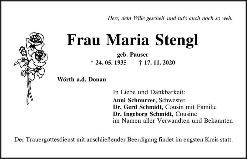 Traueranzeige Maria Stengl