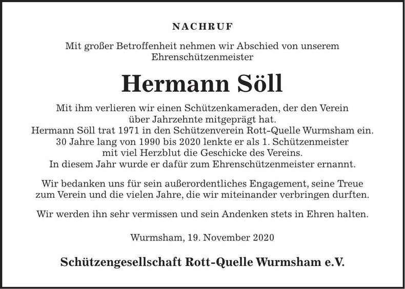 Traueranzeige Hermann Söll
