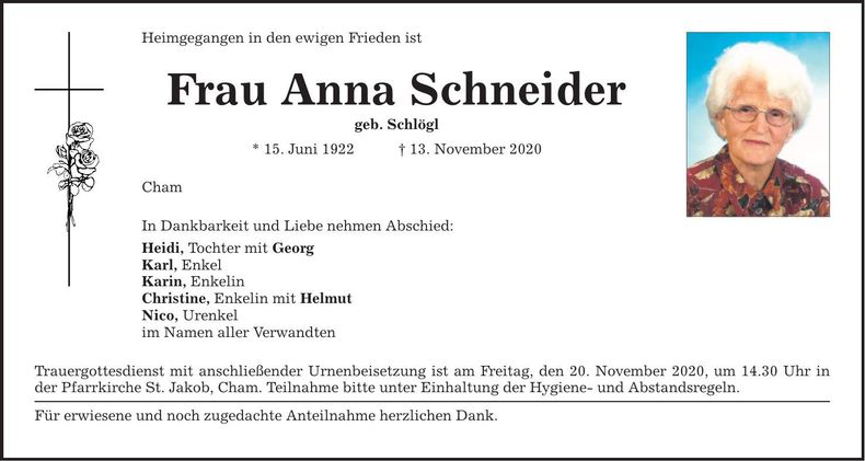 Traueranzeige Anna Schneider