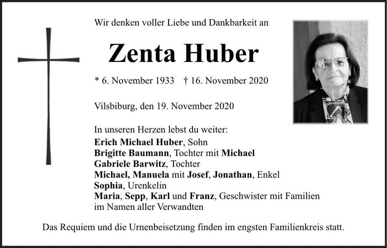 Traueranzeige Zenta Huber
