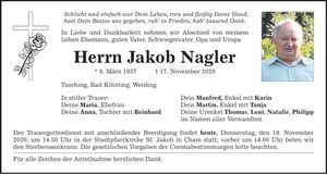 Traueranzeige Jakob Nagler