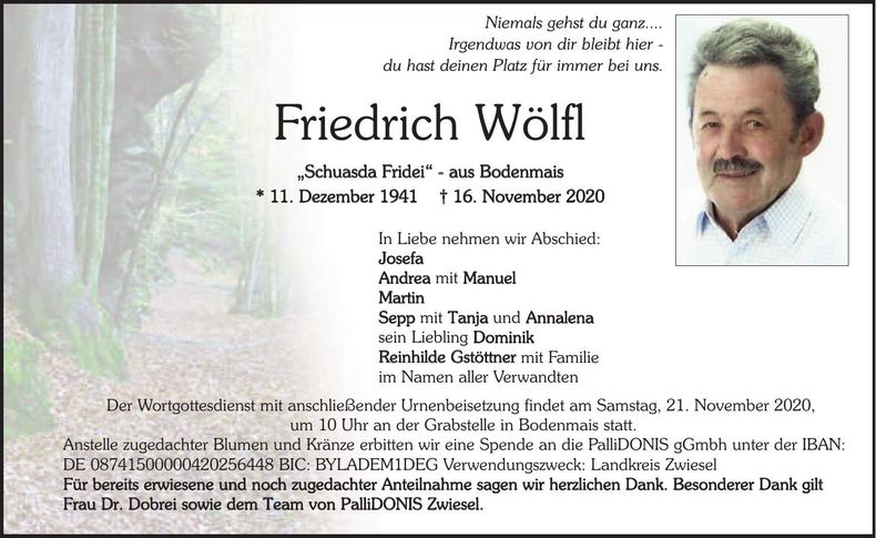 Traueranzeige Wölfl Friedrich