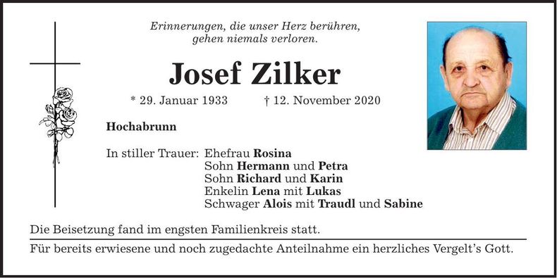 Traueranzeige Josef Zilker