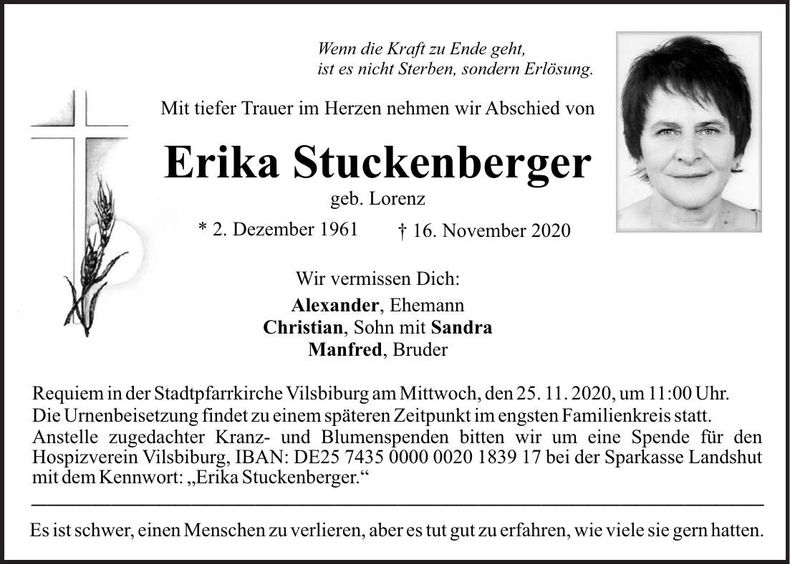 Traueranzeige Erika Stuckenberger