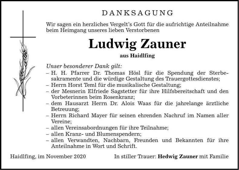 Traueranzeige Ludwig Zauner