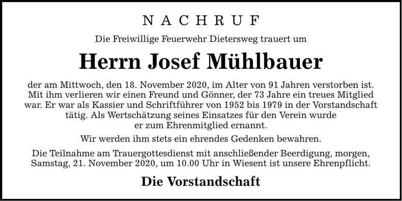 Traueranzeige Josef Mühlbauer