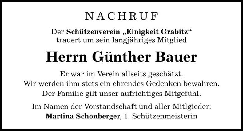 Traueranzeige Günther Bauer