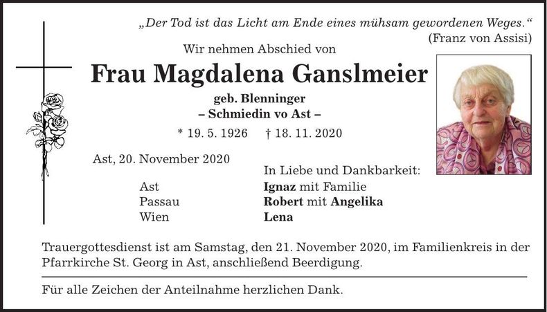 Traueranzeige Magdalena Ganslmeier
