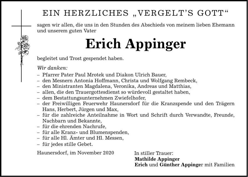 Traueranzeige Erich Appinger