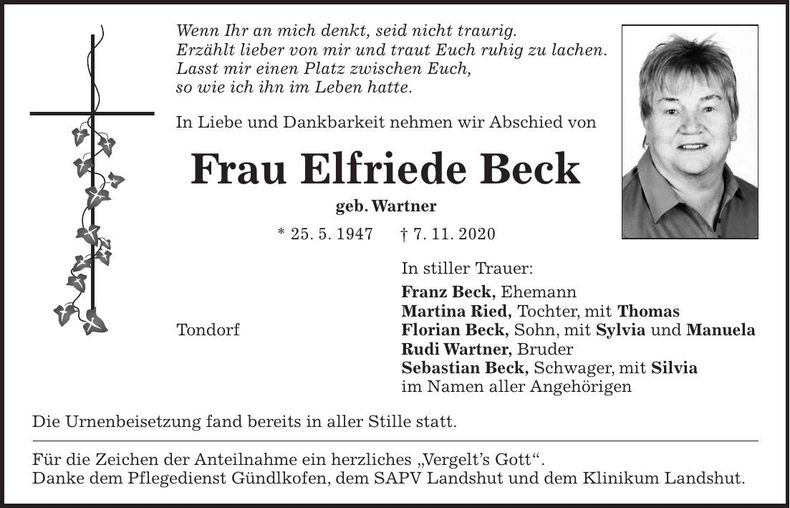 Traueranzeige Elfried Beck