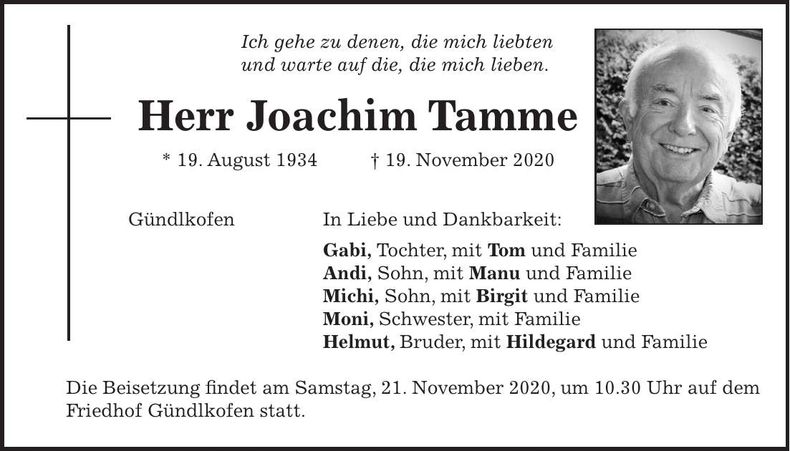 Traueranzeige Joachim Tamme
