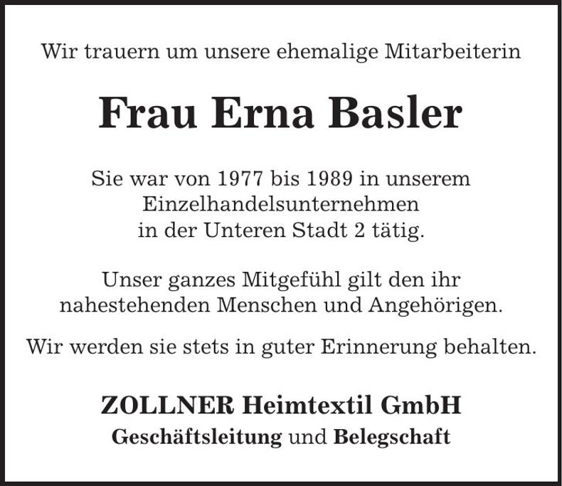 Traueranzeige Erna Basler