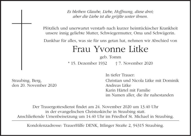 Traueranzeige Yvonne Litke