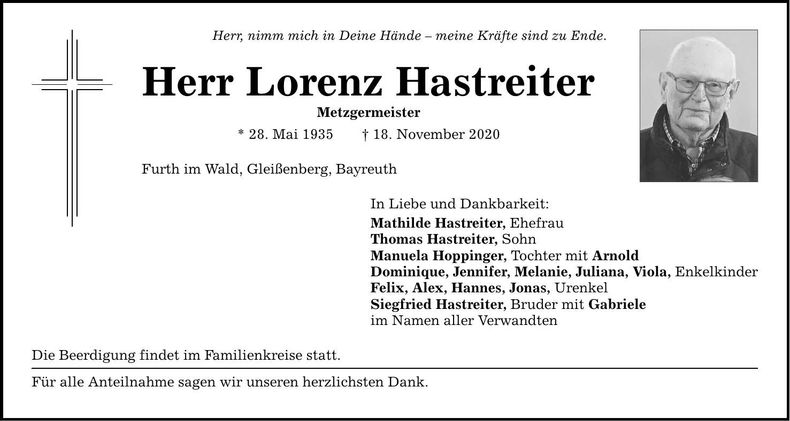 Traueranzeige Lorenz Hastreiter