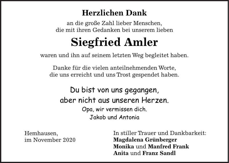 Traueranzeige Siegfried Amler