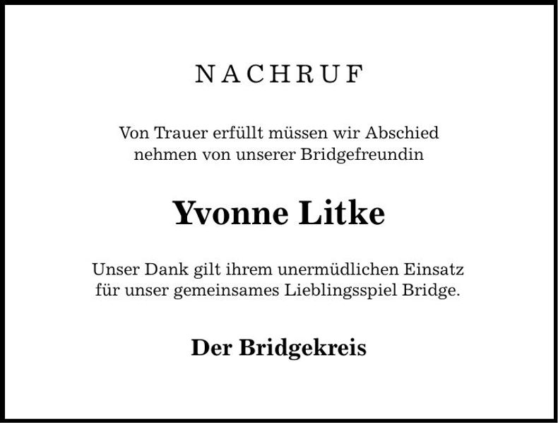 Traueranzeige Yvonne Litke
