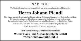 Traueranzeige Johann Piendl
