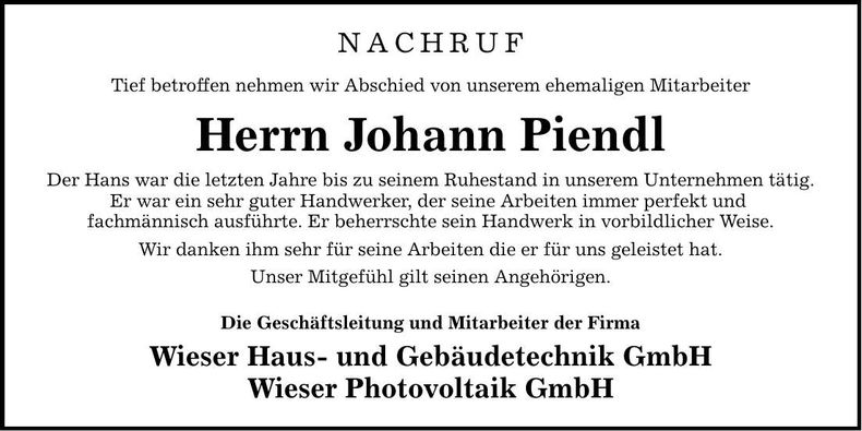 Traueranzeige Johann Piendl