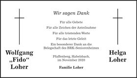 Traueranzeige Helga und Wolfgang Loher
