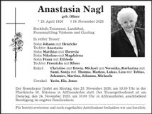 Traueranzeige Anastasia Nagl