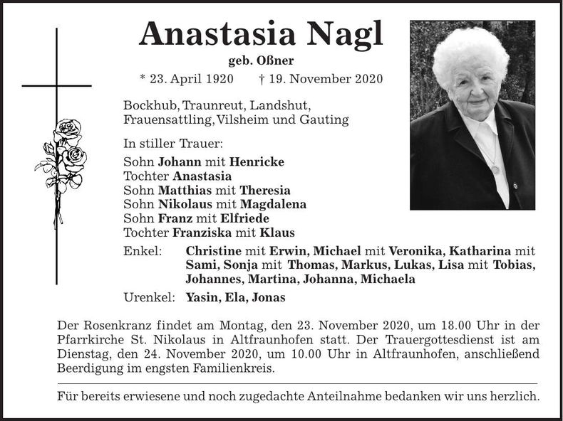 Traueranzeige Anastasia Nagl