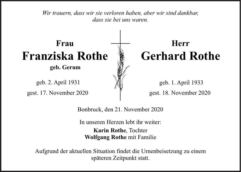Traueranzeige Franziska u. Gerhard Rothe