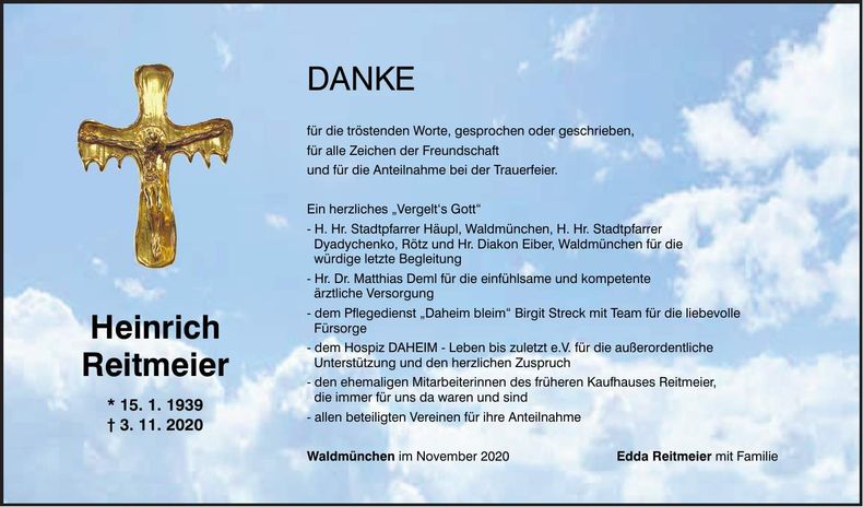 Traueranzeige Heinrich Reitmeier