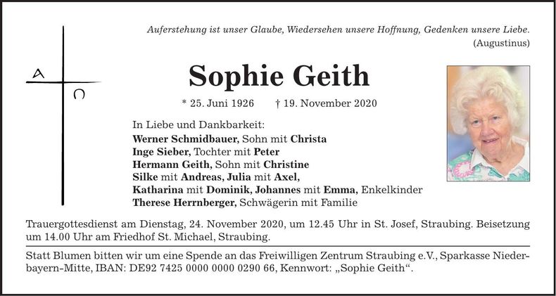 Traueranzeige Sophie Geith