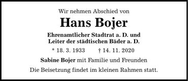 Traueranzeige Hans Bojer