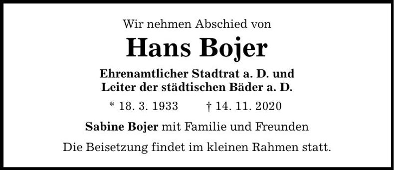 Traueranzeige Hans Bojer