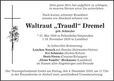 Traueranzeige Waltraut Dremel