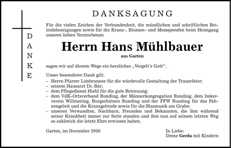 Traueranzeige Hans Mühlbauer
