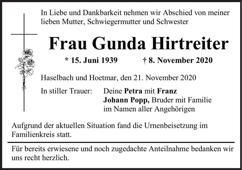 Traueranzeige Gunda Hirtreiter