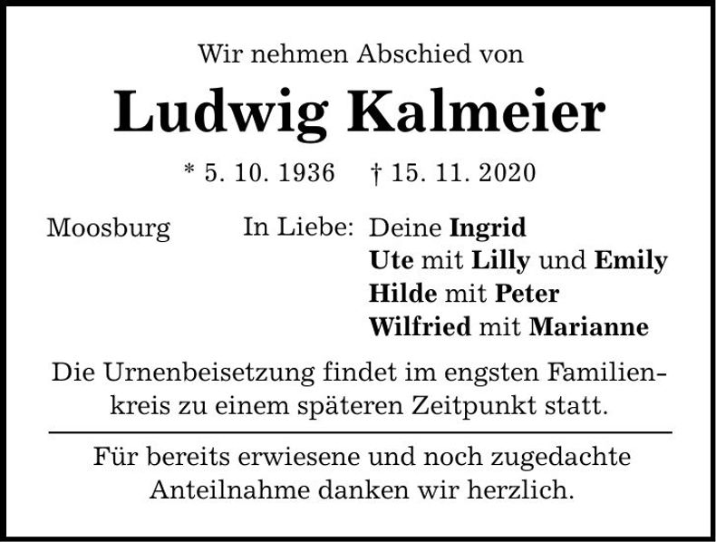 Traueranzeige Ludwig Kalmeier