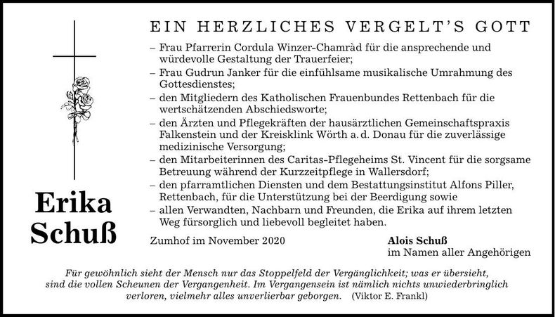 Traueranzeige Erika Schuß