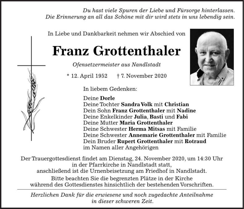 Traueranzeige Franz Grottenthaler