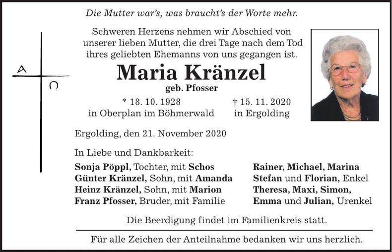 Traueranzeige Maria Kränzel
