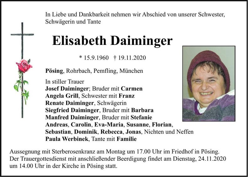 Traueranzeige Elisabeth Daiminger