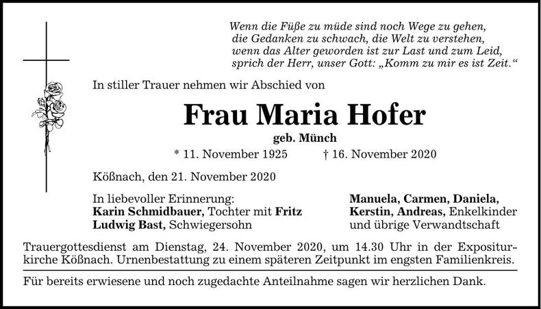 Traueranzeige Maria Hofer