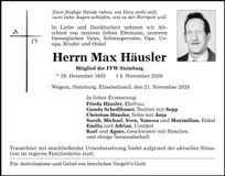 Traueranzeige Max Häusler