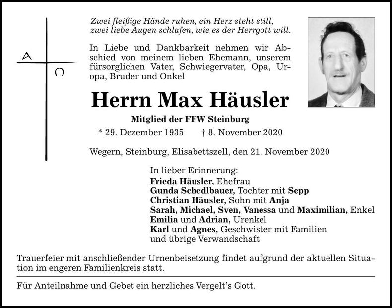 Traueranzeige Max Häusler