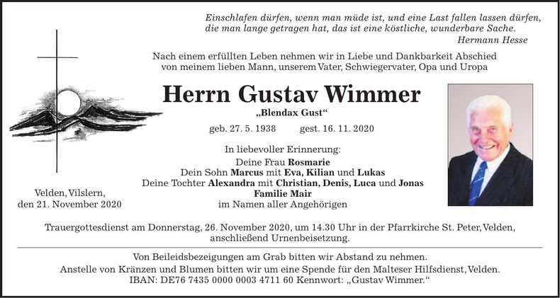 Traueranzeige Gustav Wimmer