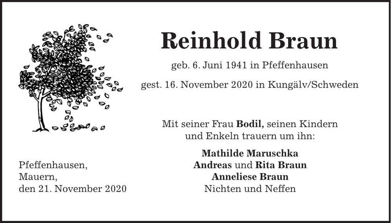 Traueranzeige Reinhold Braun