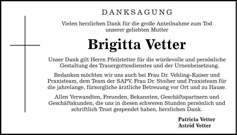 Traueranzeige Brigitta Vetter